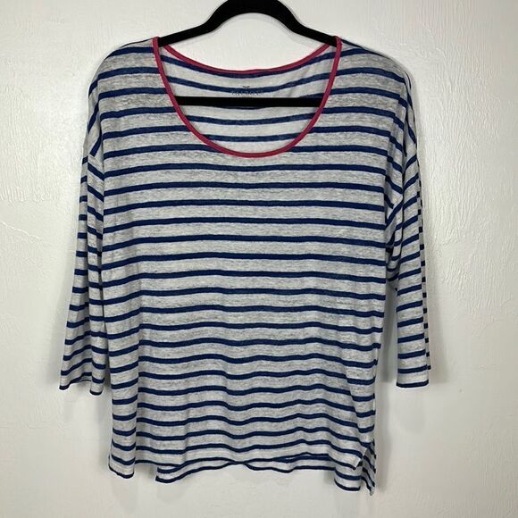 Talbots Linen Striped 3/4 Sleeve Contrast Trim Top Size LP - Picture 1 of 8